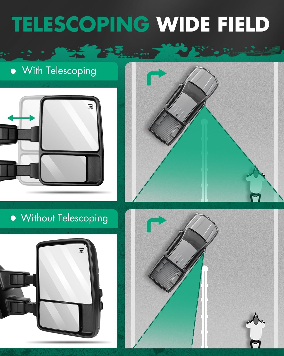 SCITOO Towing Mirrors Compatible With 1999-2007 For Ford For F250/For F350/For F450/For F550 Super Duty A Pair(Left Right Side Tow Mirrors) With Power Adjusted Heated Turn Signal Light Black Housing