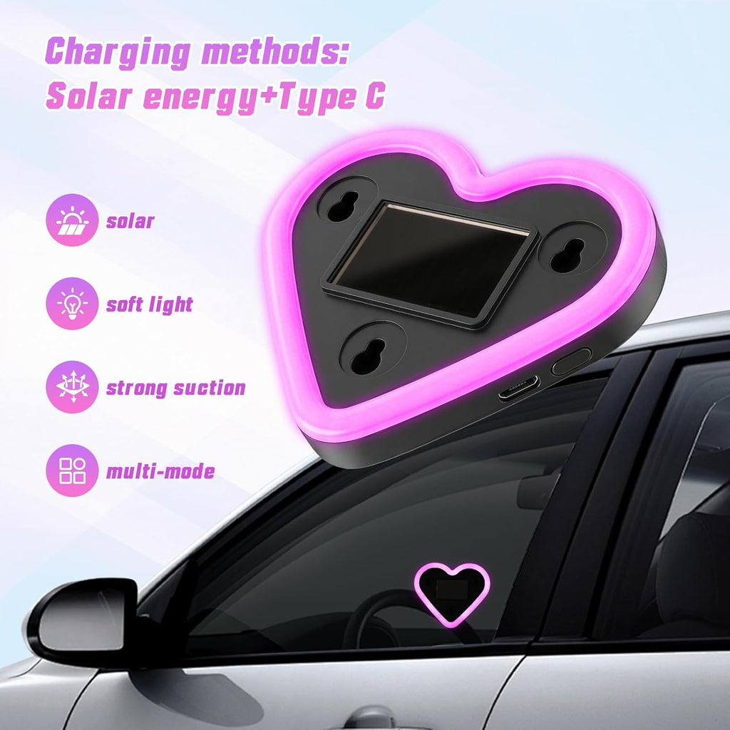 6 Lighting Modes Solar Powered Car LED Ambient Light, Rechargeable Wireless LED Heart Shape C-Pillar Neon Light, AutoGlow Solar Heart Light for Car Window Romantic Decor Surprising Gifts