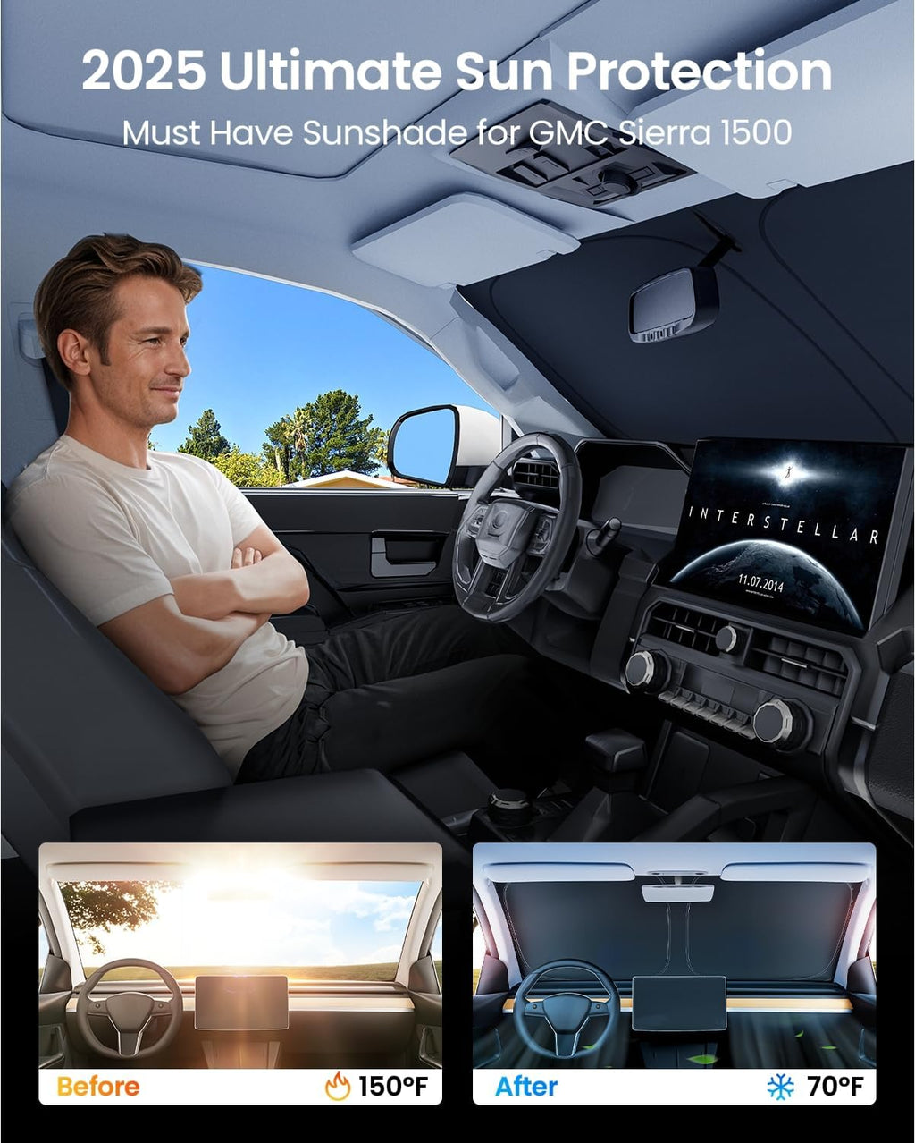 REEVAA Upgraded Windshield Sun Shade for GMC Sierra 1500 2500 3500 (2019-2025) [Tailored Fit, 99% Sun Protection] Protect Interior & Keep Cool, Foldable Sunshade Car Accessories with Storage Bag