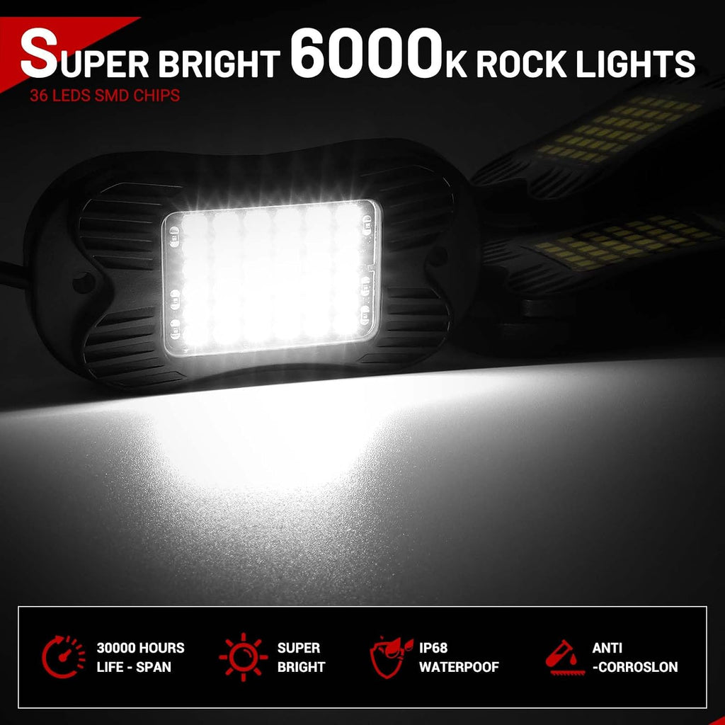 SHINIGHT 24 Pods White Rock Lights 6000K Pure White Super Bright Underglow Light,10FT/3M Extension Wires Each Light,36 LED SMD Chips,Waterproof IP68,Rock Lights for Trucks UTV ATV SUV Boats