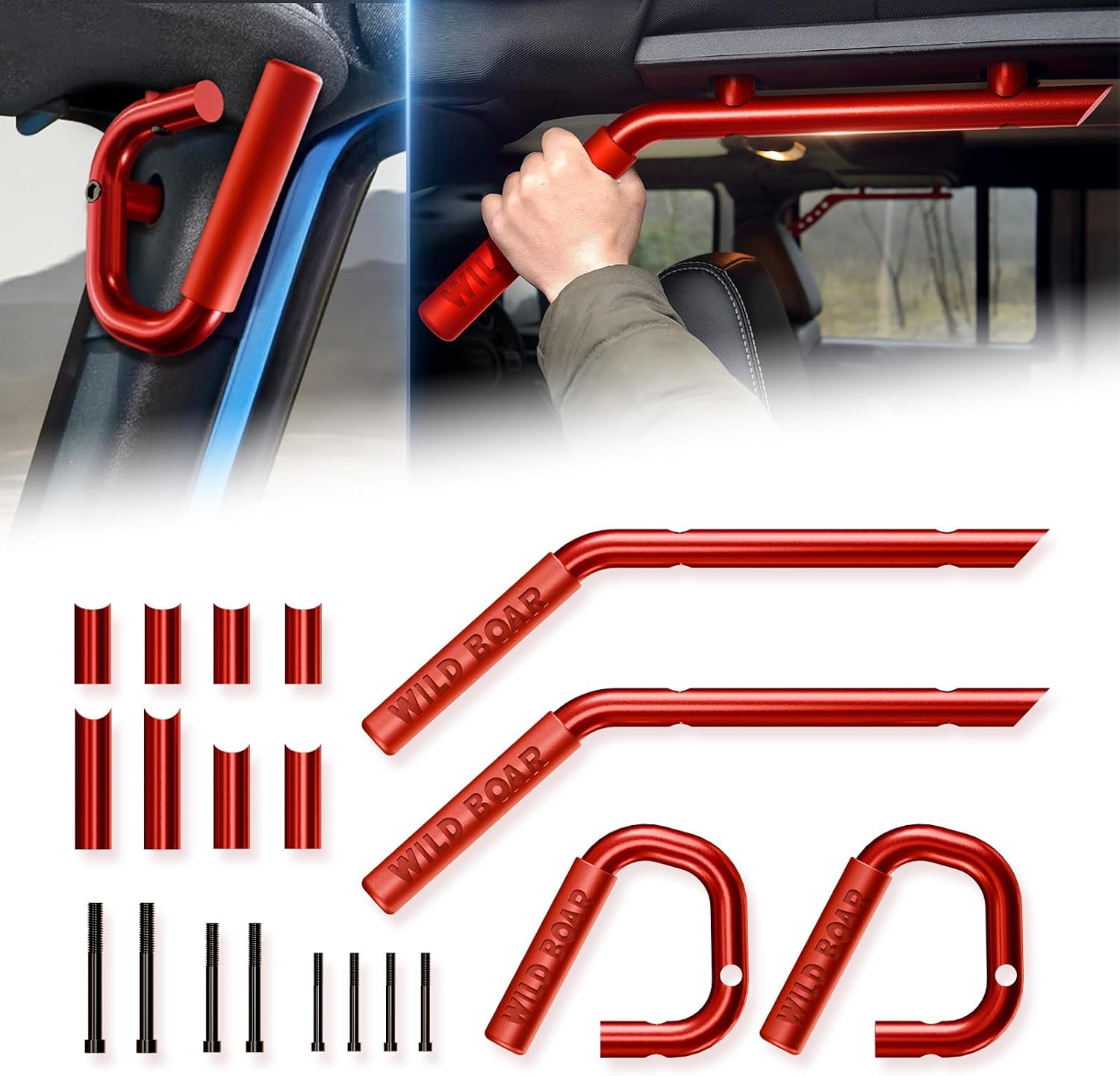 YZONA Front & Rear Grab Handle Kit Compatible with 2007-2018 Jeep Wrangler JK JKU Rubicon Sport Sahara Aluminum Alloy Grab Bar Roll Bar Assist Grips Red