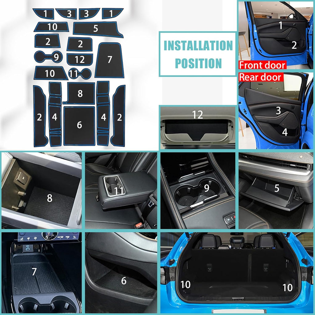 BestEvMod Compatible with Mach E Accessories 2021-2026 PVC Interior Anti Dust Cup Holder Inserts Center Console Liner Mats 18-pcs Set (V3 Blue)