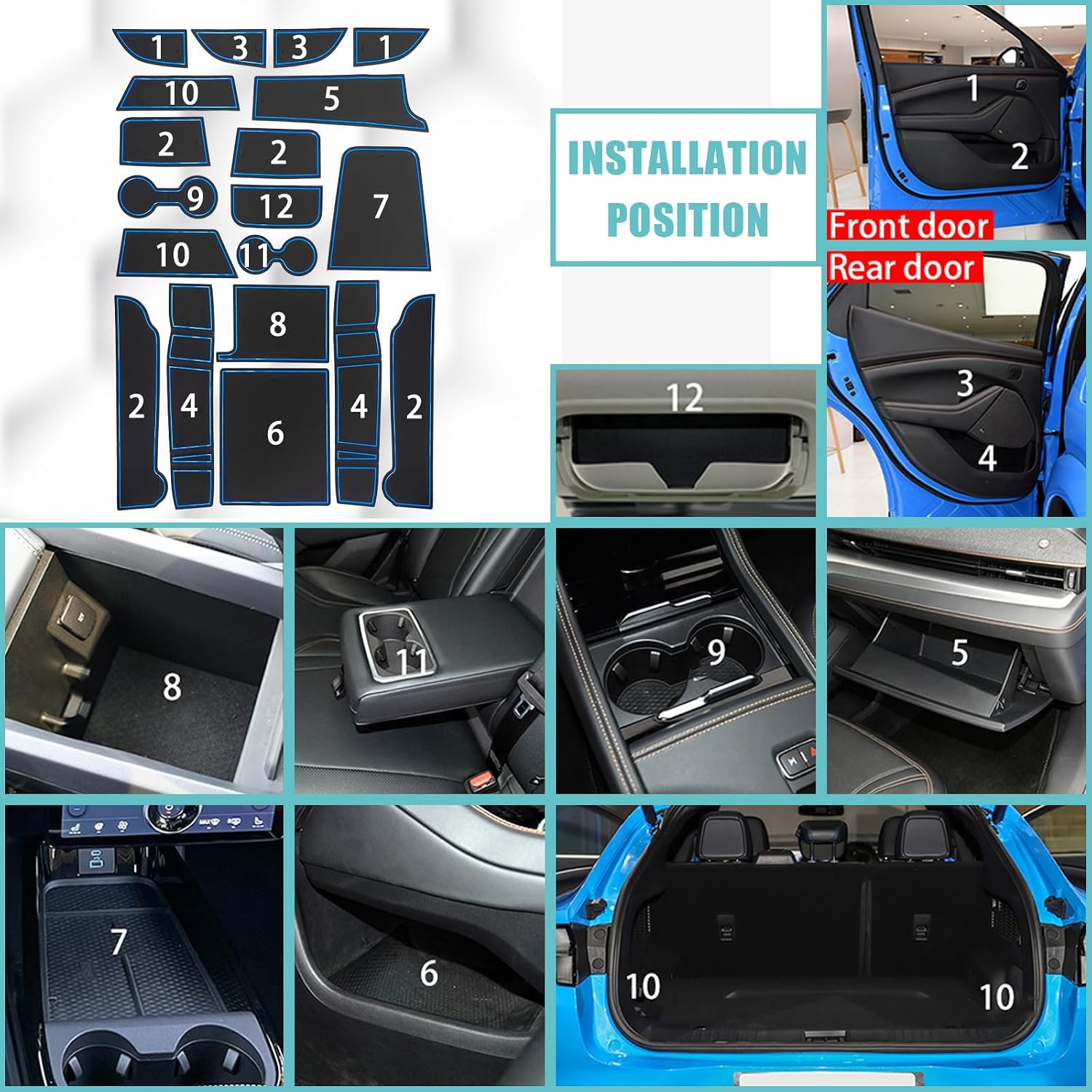 BestEvMod Compatible with Mach E Accessories 2021-2026 PVC Interior Anti Dust Cup Holder Inserts Center Console Liner Mats 18-pcs Set (V3 Blue)