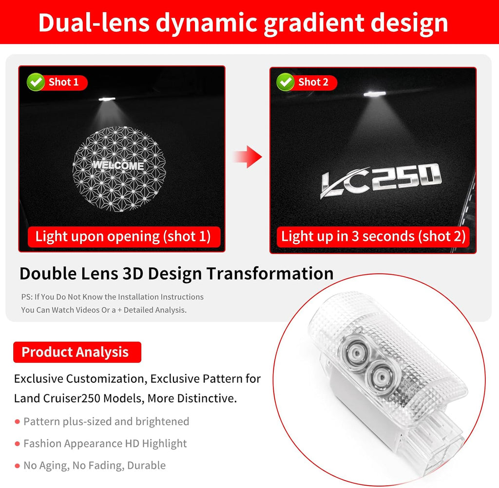 Car Door Light Logo Projection Lamp for 2024-2026 Toyota Land Cruiser 1958 250 Prado Lc250 Dynamic No Fade HD LED Car Welcome Projection Lamp Ambient Foot Light Land Cruiser 2026 Accessories