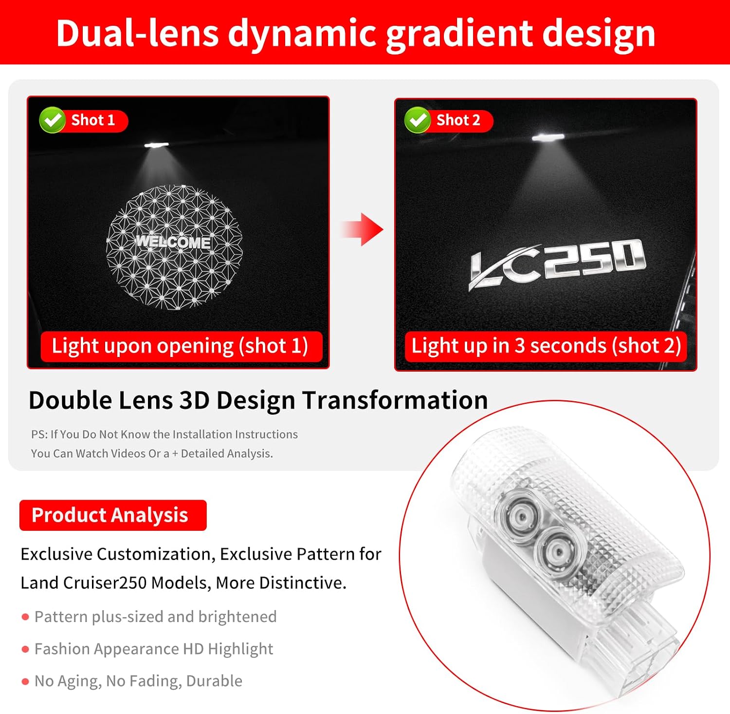 Car Door Light Logo Projection Lamp for 2024-2026 Toyota Land Cruiser 1958 250 Prado Lc250 Dynamic No Fade HD LED Car Welcome Projection Lamp Ambient Foot Light Land Cruiser 2026 Accessories