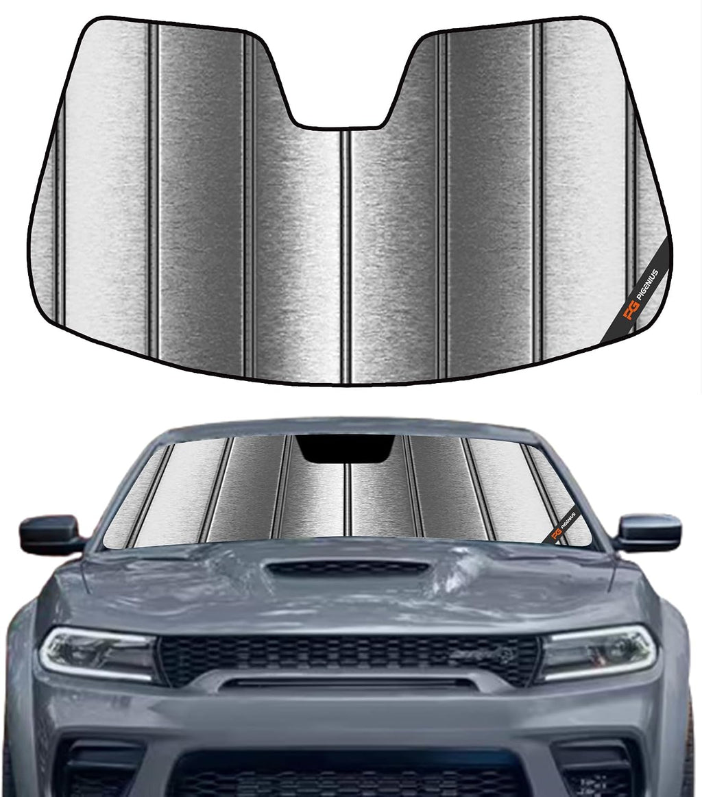 Pigenius Windshield Sun Shade for Dodge Charger 2011-2023 with Rearview Mirror Mounted Camera, Custom Front Window Sunshade - Metallic