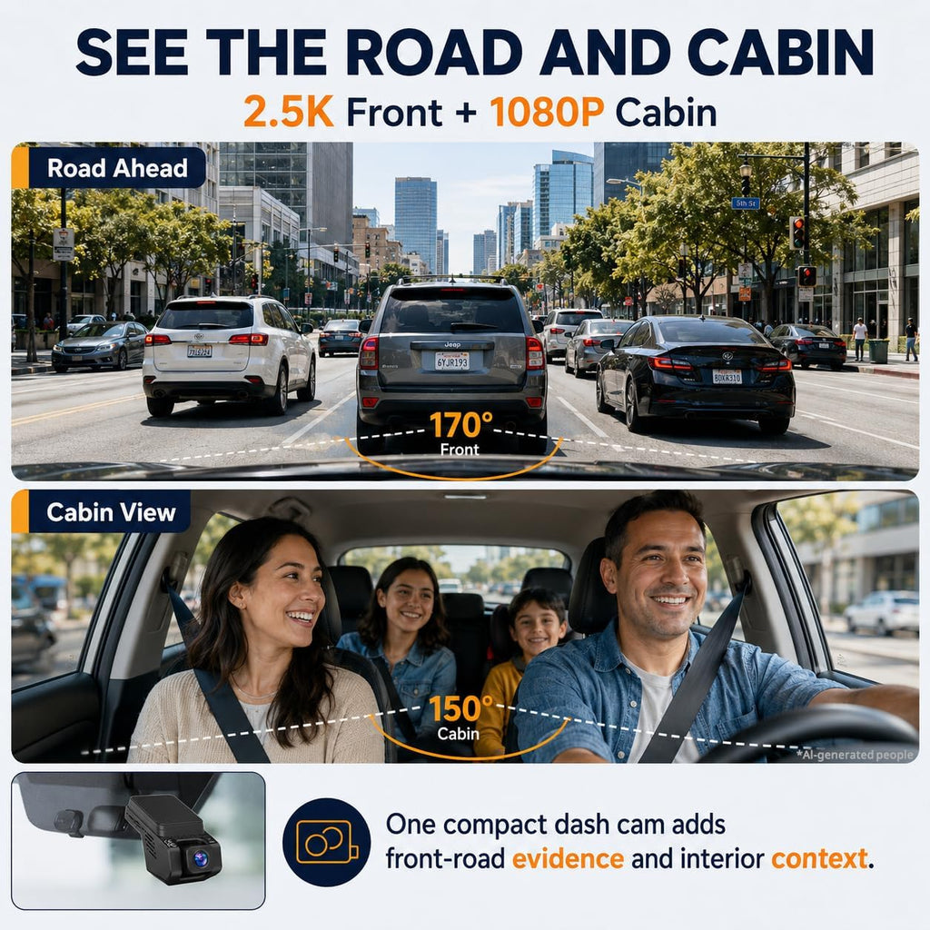dash cam front and inside, 2.5k+ 1080p cabin shown in use