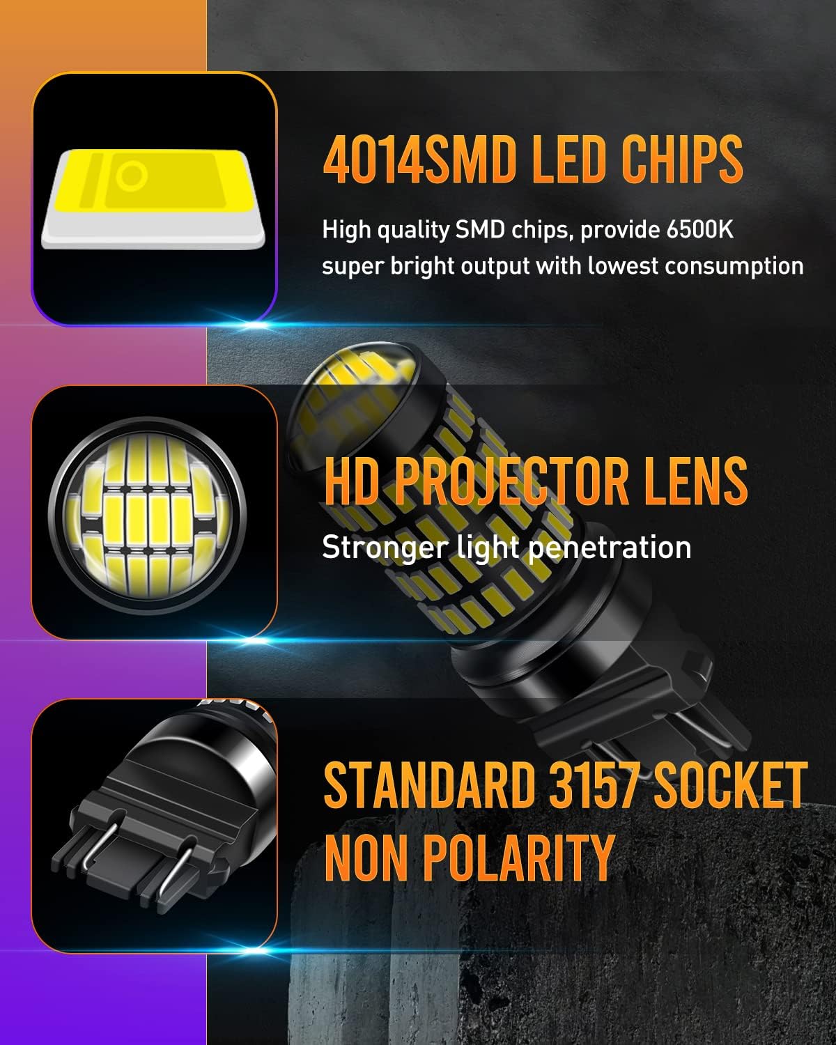 3157 3156 LED Bulb Reverse Lights 3400 Lumens Extremely Bright 3056 3156 3057 3157 LED Bulbs with Projector for Tail Brake Turn Signal Lights,Xenon White,Pack of 2