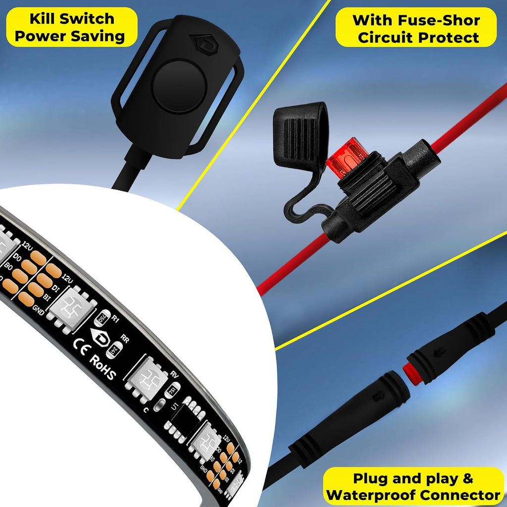 8PCS Motorcycle Led Lights with Brake Turn Signal,Underglow Light Kits with DITRIO APP/RF Remote Control, Dual Zone,Waterproof,12V Pixelglow Led RGB Lights for Motorcycles, Golf Carts, ATVs, UTVs