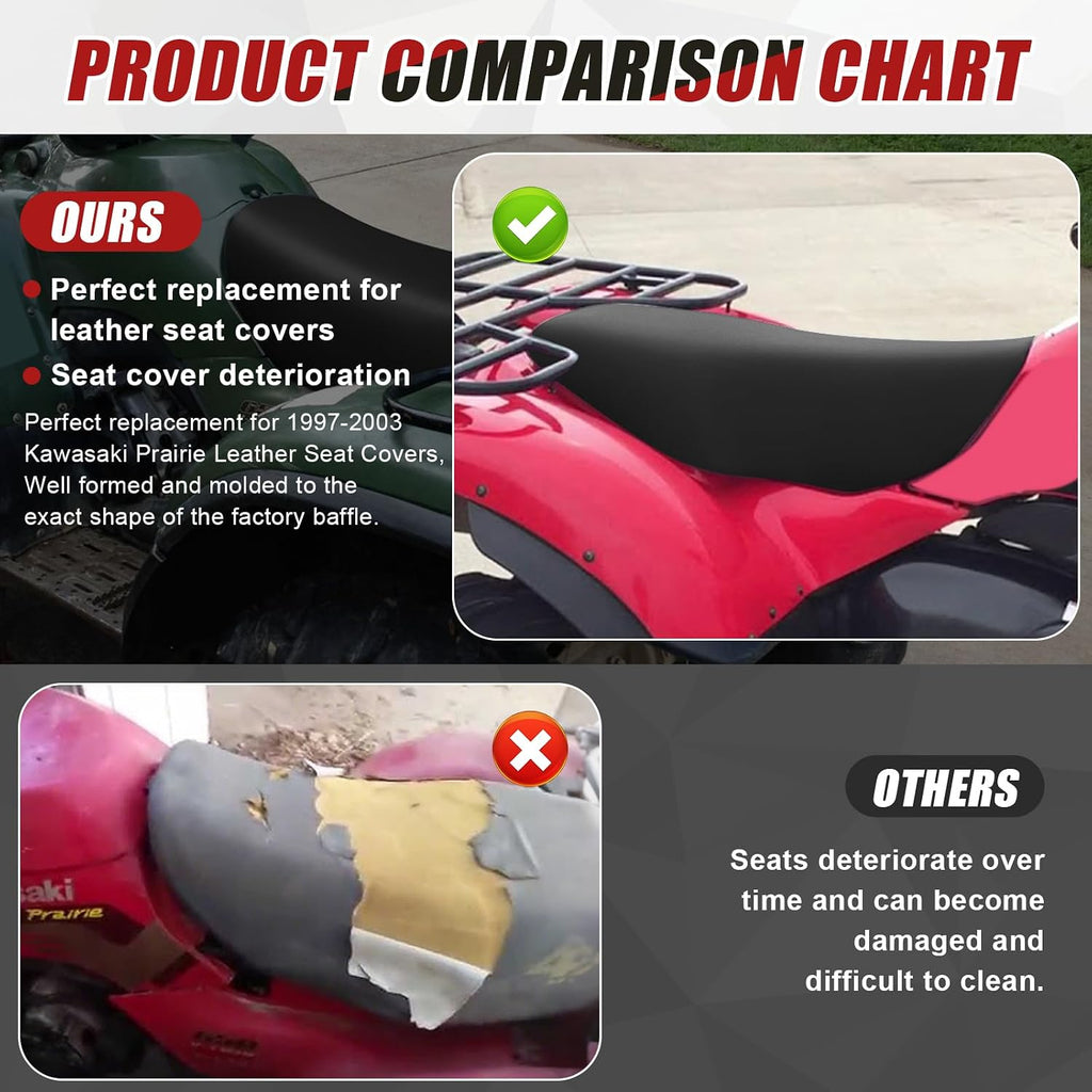 Leather Seat Cover Replacement for Kawasaki Prairie 1997-2003 300 400 650 KVF300 KVF400 2X4 4X4 KFV ATV Seat Accessories Black
