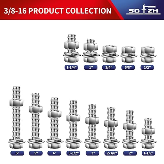 3/8-16 x 3" Hex Head Screw Bolt, Flat & Lock Washers, Fully Threaded, by SG TZH - Image 3