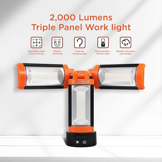 BLACK+DECKER Utility Light, Rechargeable 2000 Lumens LED 3 Panel Work Light - Image 2