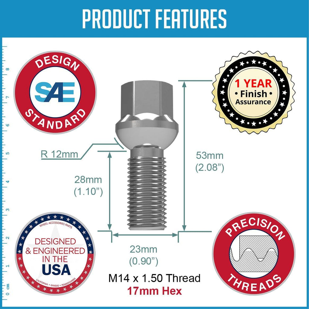 Wheel Accessories Parts 20 Pcs M14 x 1.5 Thread Ball Seat Lug Bolt Chrome Finish 28mm Shank Length 17mm Hex fits Mecedes-Benz C-Class EQB-Class EQE-Class GLA-Class GLB-Class SL-Class