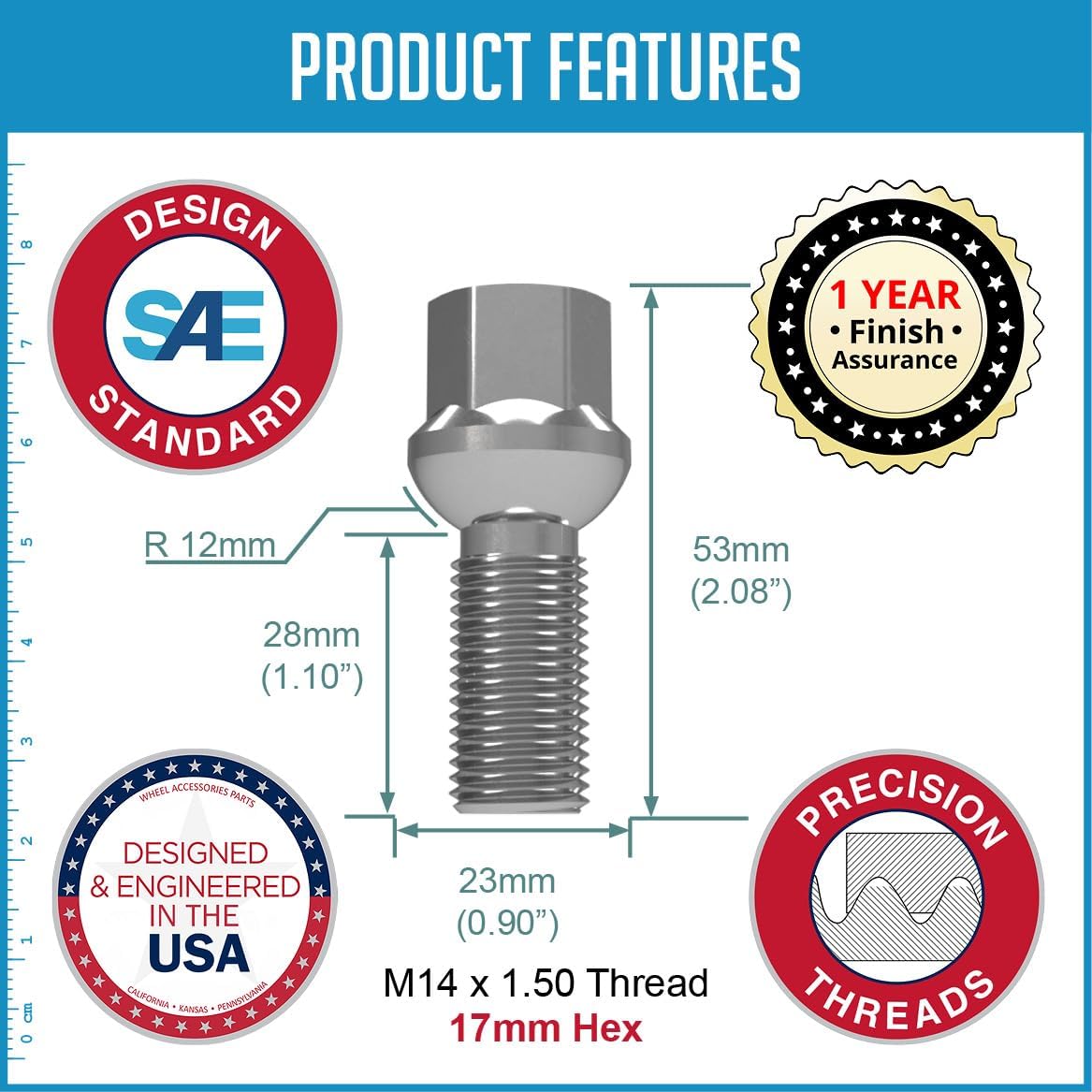 Wheel Accessories Parts 20 Pcs M14 x 1.5 Thread Ball Seat Lug Bolt Chrome Finish 28mm Shank Length 17mm Hex fits Mecedes-Benz C-Class EQB-Class EQE-Class GLA-Class GLB-Class SL-Class