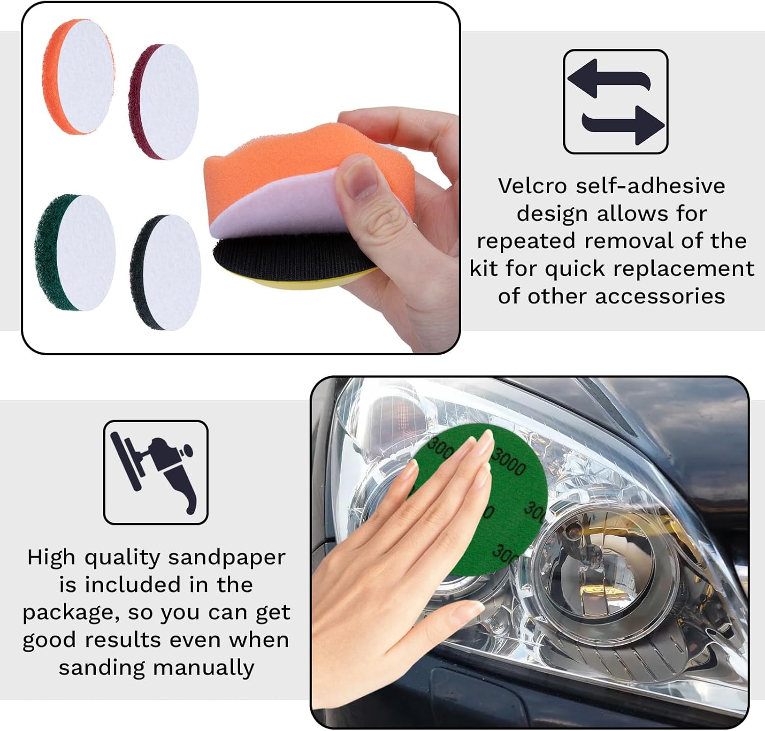 BFXM 38Pcs Car Headlight Restoration Kit, 3 Inch Headlight Polishing Kit, Headlight Cleaning Kit with Sanding Disc Scouring Pad Polishing Pad Suitable for Drill Universal for All Type of Car Headlight