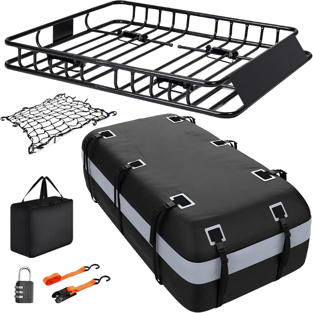 Adjustable Roof Rack Basket 45"-64" x 36" x 5" with 20 Cu.Ft Waterproof Cargo Bag - Heavy Duty Steel Cargo Carrier for SUV Truck Van, 250 lbs Capacity, Complete Accessory Kit