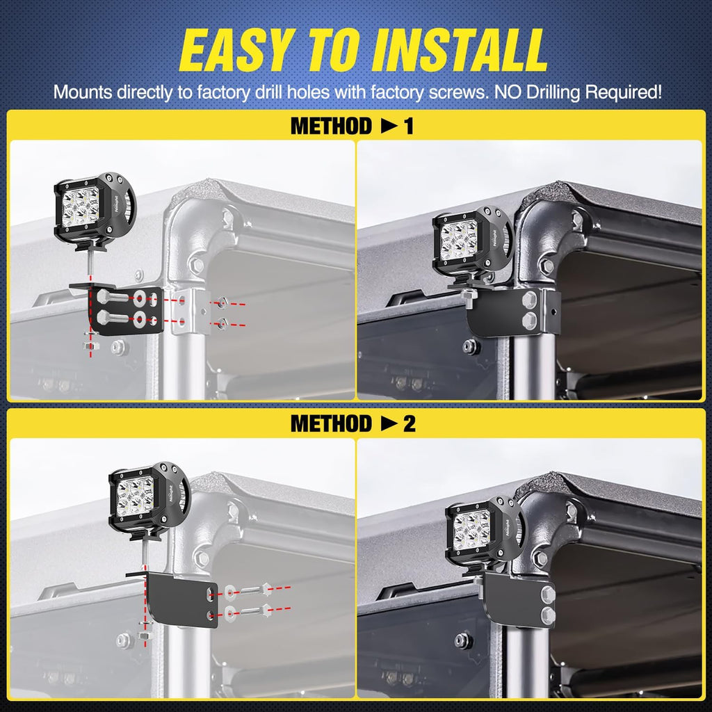 Nilight 2PCS 3 Inch LED Pods Cubes UTV Rear Roof Mounting Brackets LED Backup Reverse Lighting 15FT Wiring Harness Kit 2 Leads for 2013-2024 Polaris Ranger Full Size 570 800 900 1000 XP Crew