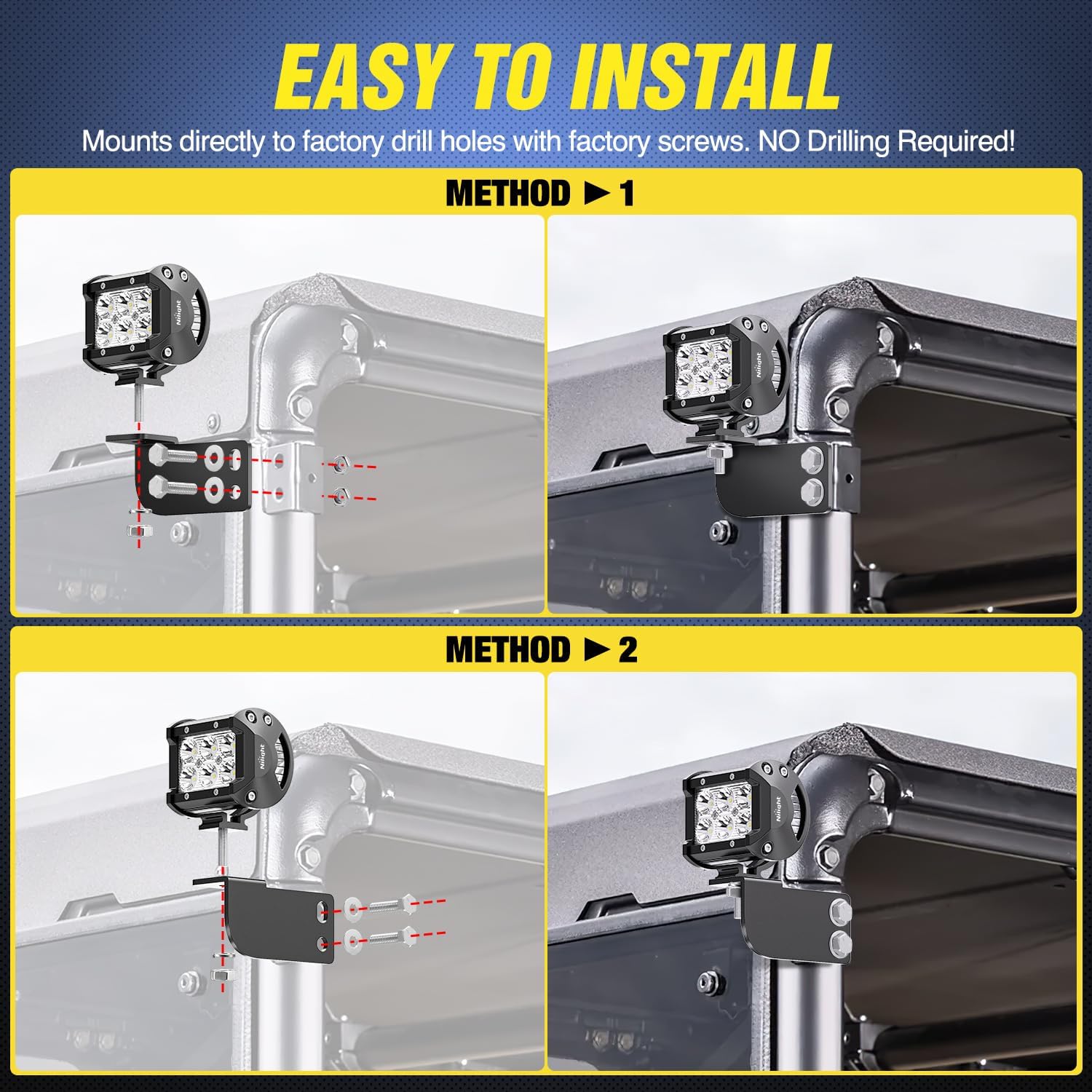 Nilight 2PCS 3 Inch LED Pods Cubes UTV Rear Roof Mounting Brackets LED Backup Reverse Lighting 15FT Wiring Harness Kit 2 Leads for 2013-2024 Polaris Ranger Full Size 570 800 900 1000 XP Crew