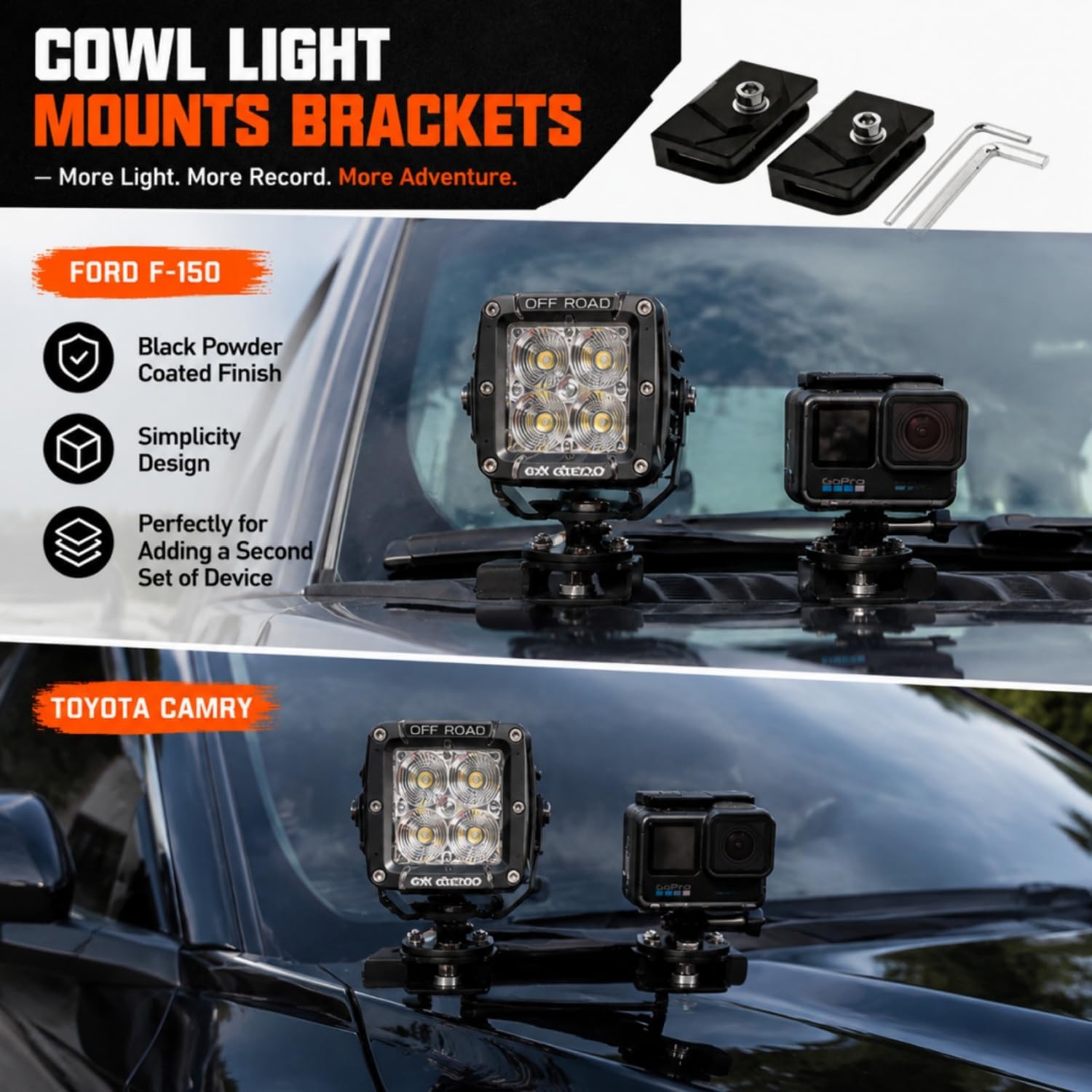 LED Light Bar Mounting Brackets A Pillar Ditch Light Bracket Extensions | Steel Cowl Pod Light Mounting Brackets No Drilling Universal Hood Light Mounting Brackets Adjustable Aluminum Alloy