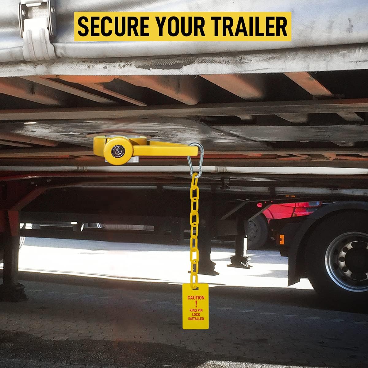 Heavy-Duty - King Pin Lock | Strong Tough Steel | Fifth Wheel Trailer Lock | Anti-Theft for RVs, Trailers, etc | with Bright Caution Tag Deterrent and Air Freshener
