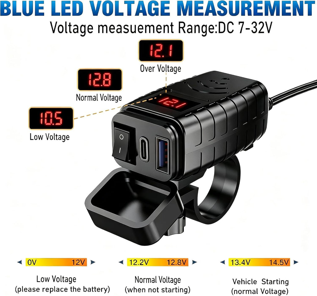 Motorcycle USB Type C Port 12V Voltmeter Independent On Off Switch SAE Inline 10A Fuse Waterproof 6.8A QC3.0 Fast Phone Tablet for 7/8inch Handlebar