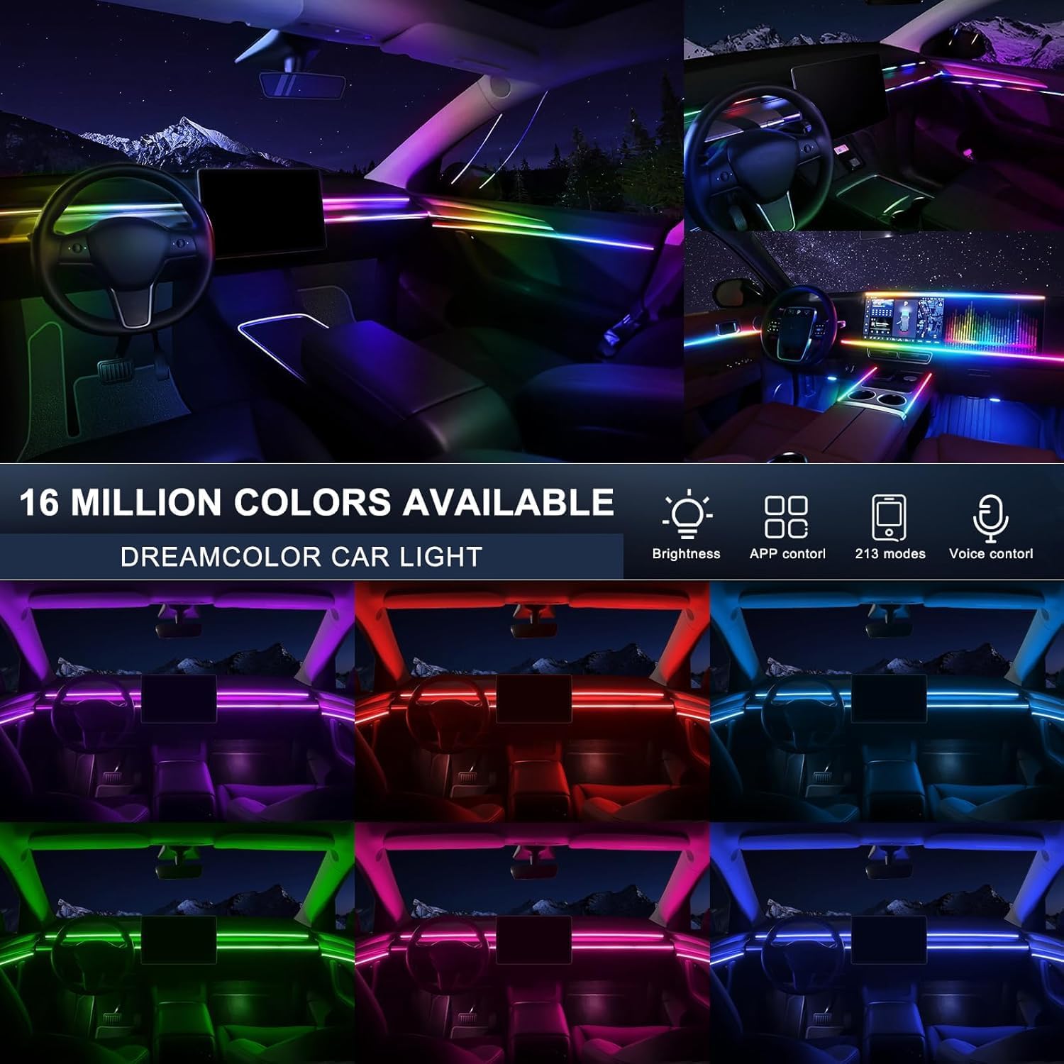 Acrylic Interior Car LED Strip Light with Wireless APP, RGB 18 in 1 with 175 inches 593 LEDs Fiber Optic Ambient Lighting Kits, 16 Million Colors Sound Active Function Car Neon Lights