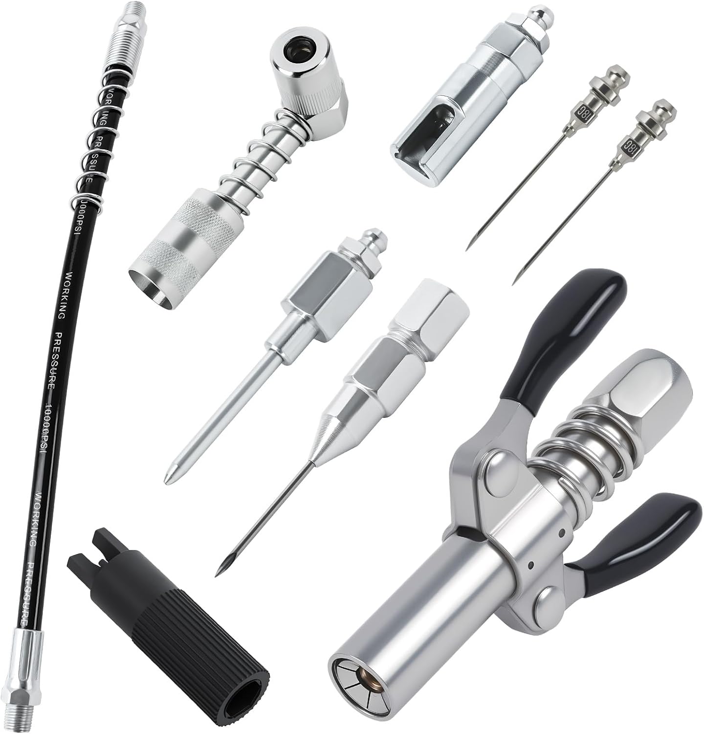 Grease Gun Tips，Grease Gun Fittings，Grease Gun Coupler，90 Degree Grease Gun Coupler，Grease Gun Hose，Zerk Fitting Cleaner，Grease Needle Nozzles，Grease Filling Nozzle and Grease Tip