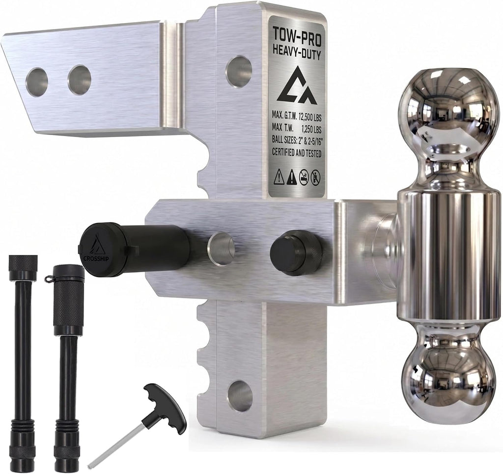Adjustable Trailer Hitch - Heavy Duty Aluminum Drop Drawbar Hitch - Fits 2.5" Receiver, 6" Drop/Rise with 2" & 2-5/16" Solid Dual Balls 18,500 LBS GTW- for Truck, SUV, RV