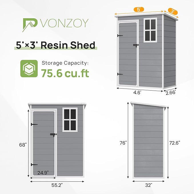 Resin Outdoor Storage Shed, 5x3FT Plastic Garden Shed - Image 2