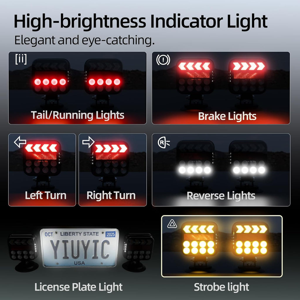 Wireless Trailer Lights Magnetic, Anti-Loss Large Portable Rechargeable Cordless Trailer Lights Kits with Reflectors for Tow Truck, Boat, RV, Turn Signal Brake Running Stop, IP67 Waterproof