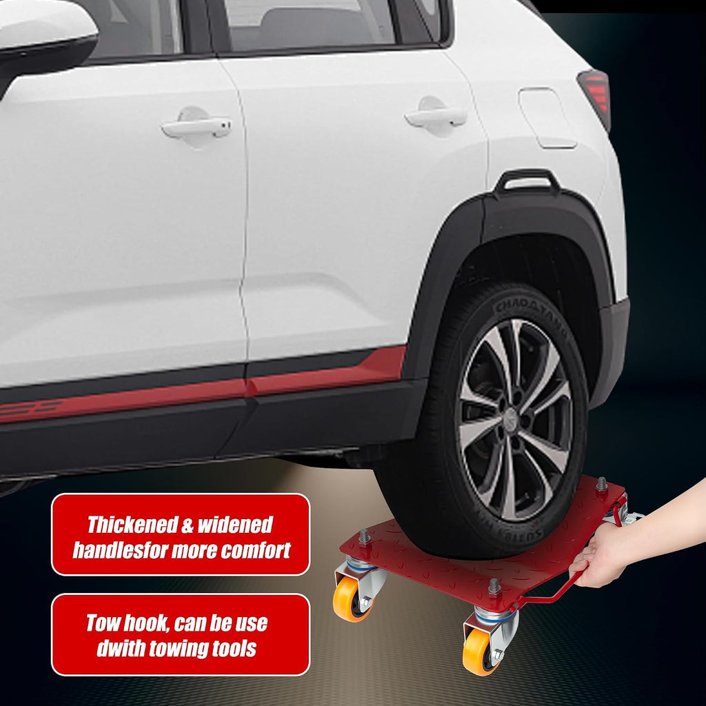 Steel Tire Wheel Dolly Set of 4 with Anti-Skid Plate, 360° Swivel Casters, Red, 5500 lbs Capacity