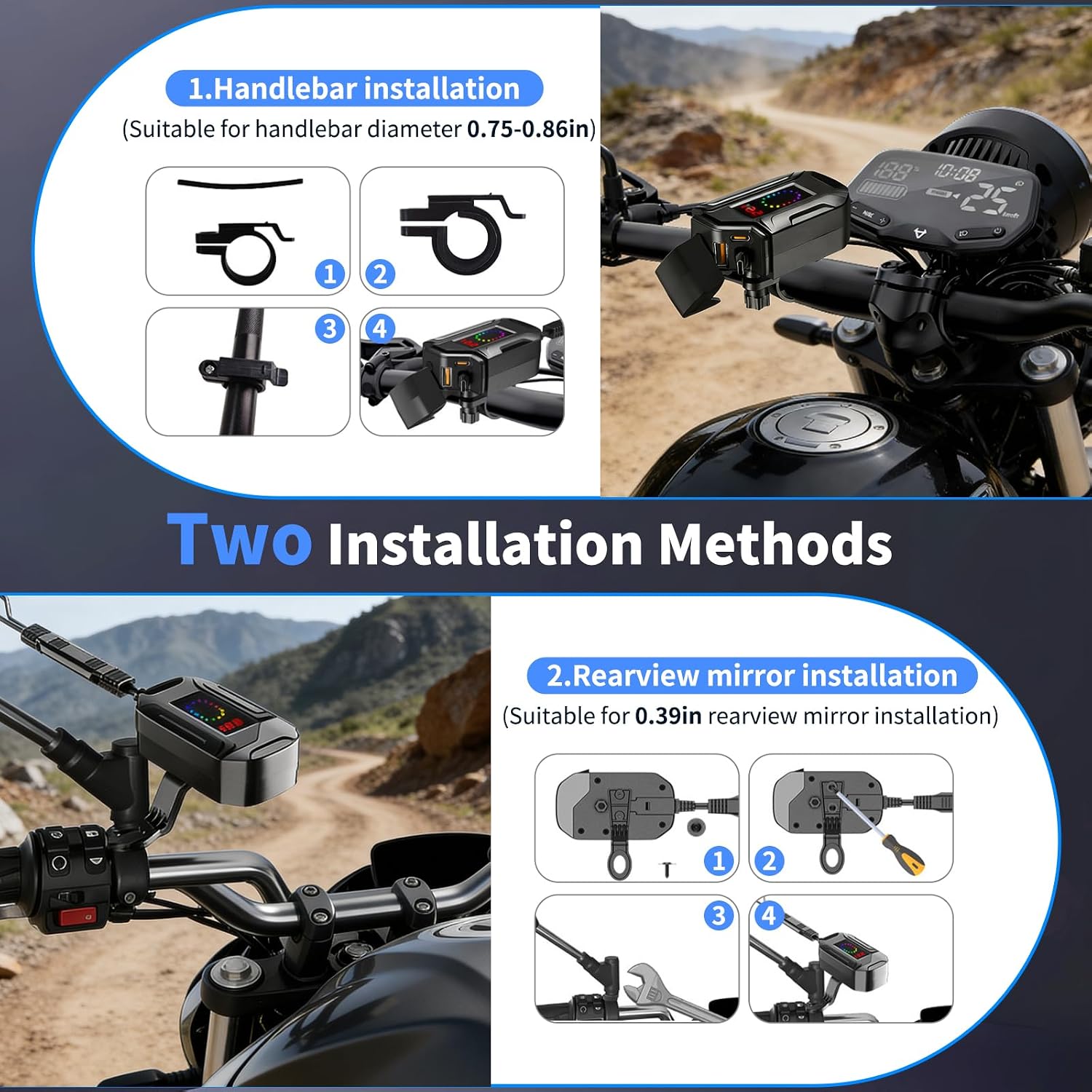Motorcycle USB Charger, 3-in-1 Fast Charging with USB-A & USB-C + Retractable Type-C Cable, 12–24V Waterproof IP56, LED Voltmeter, Handlebar & Mirror Mount for Motorbike ATV