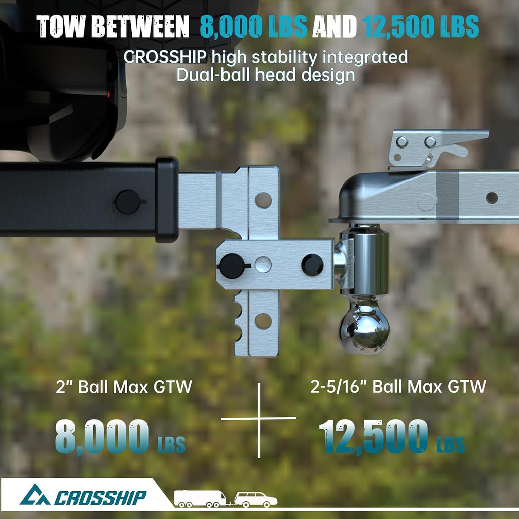 Adjustable Trailer Hitch - Heavy Duty Aluminum Drop Drawbar Hitch - Fits 2.5" Receiver, 6" Drop/Rise with 2" & 2-5/16" Solid Dual Balls 18,500 LBS GTW- for Truck, SUV, RV