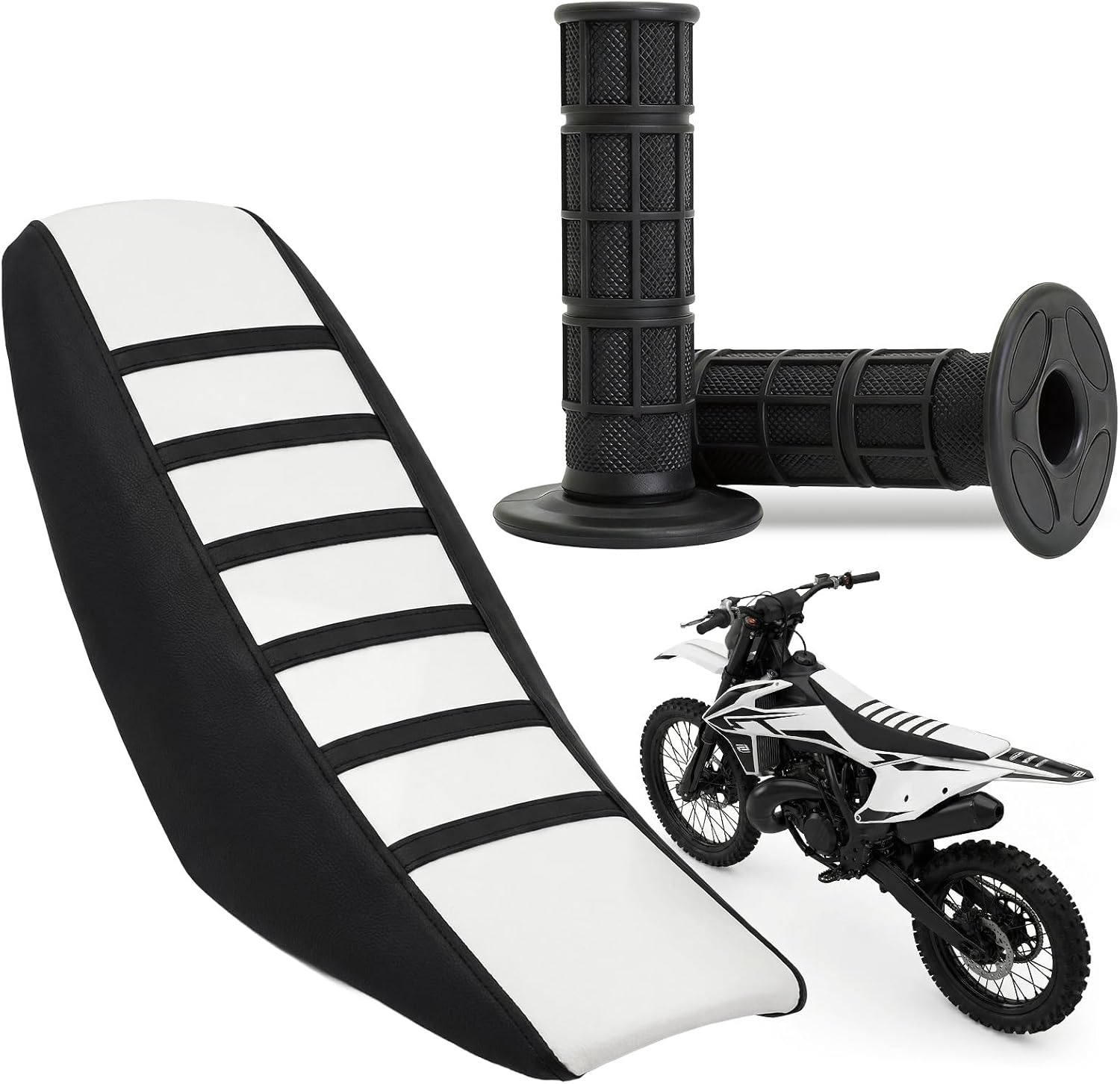 Tallew 3 Pcs Black Stripe Seat Cover and 7/8" Motorcycle Hand Grips Set, 1 Soft Non-Slip Seat Cover Universal and 2 Dirt Bike Grips for Dirt Bike Ebike Motorbike Motorcross