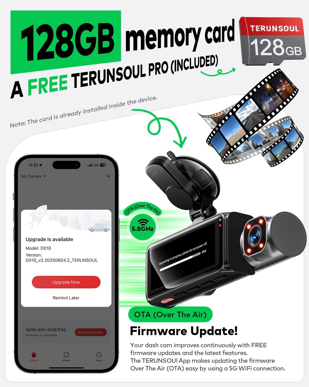 4k+4k+1080p 3 channel dash cam, free 128gb card on a desk or shelf