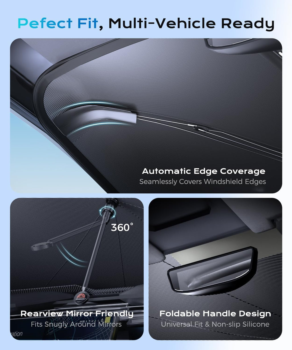 [2026 Upgrade] Coverado Windshield Sun Shade, UPF80+ Sunshade for Car Windshield Blocks Heat & UV Rays, Thickened Vinyl Coating Keep Cool Protect Interior, M 57”x32” for Sedans/SUVs