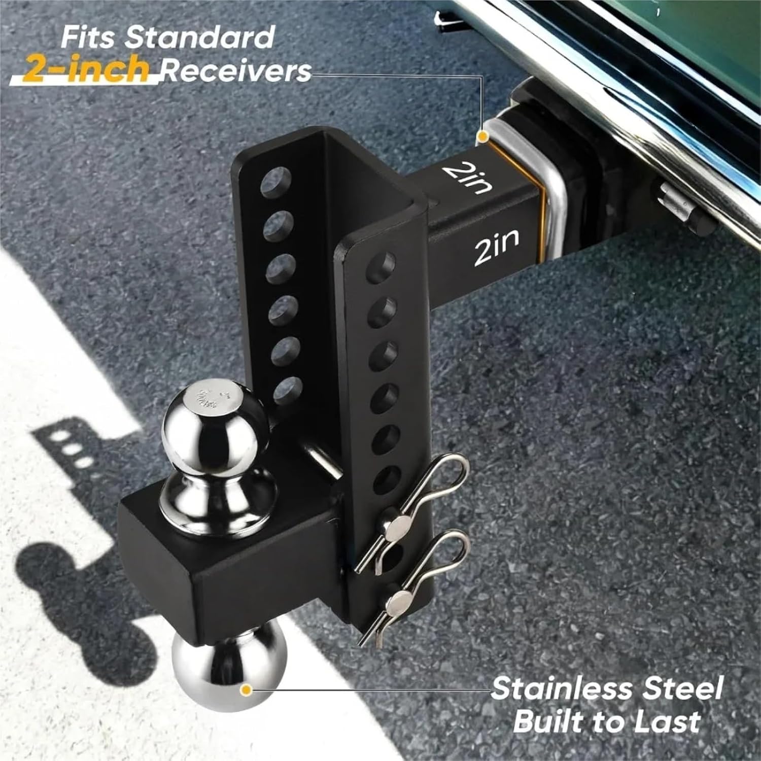 Adjustable 2" Trailer Hitch 6" Drop/Rise Dual-Ball 12,000 Lbs GTW Locks