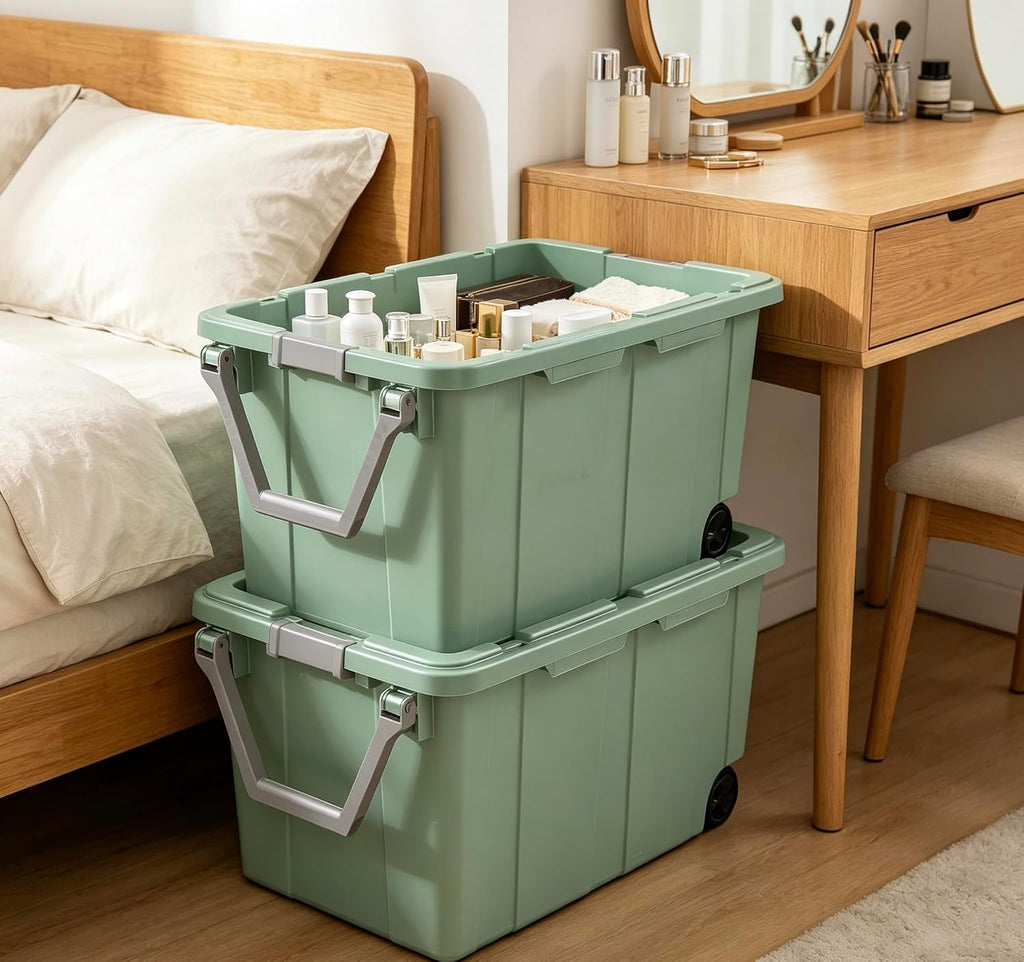 40-gallon plastic storage boxes with snap-on lids and handles, light green, 2-pack
