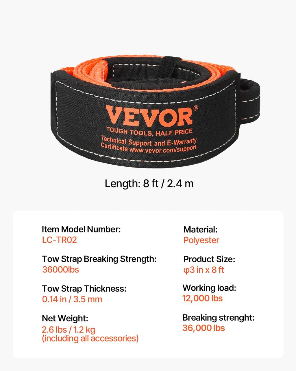 VEVOR Recovery Tow Strap 3 inches, 8 feet 36,000 lbs Break Strength, Triple Reinforced Loop Straps, Tree Saver, Winch Line Extension Strap, Off Road Towing and Recovery, Extreme Weather Resistance