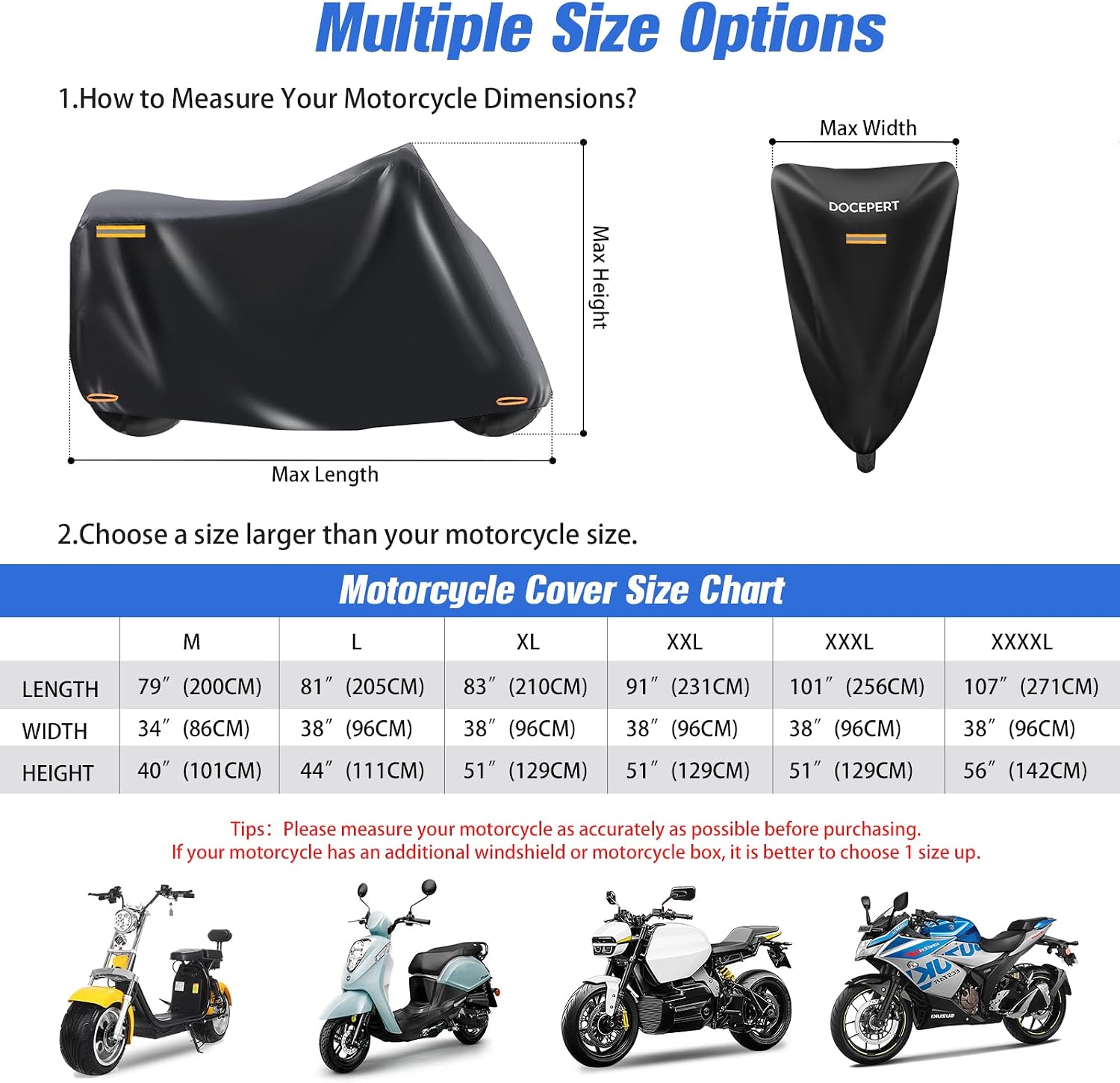 Motorcycle Cover Waterproof Outdoor, 420D Oxford All Season Universal Large Motorcycle Cover Indoor&Outdoor for Snow/Rain/Dust,4 Reflective Strips,3 Windproof Buckles (XXL 91"x38"x51")