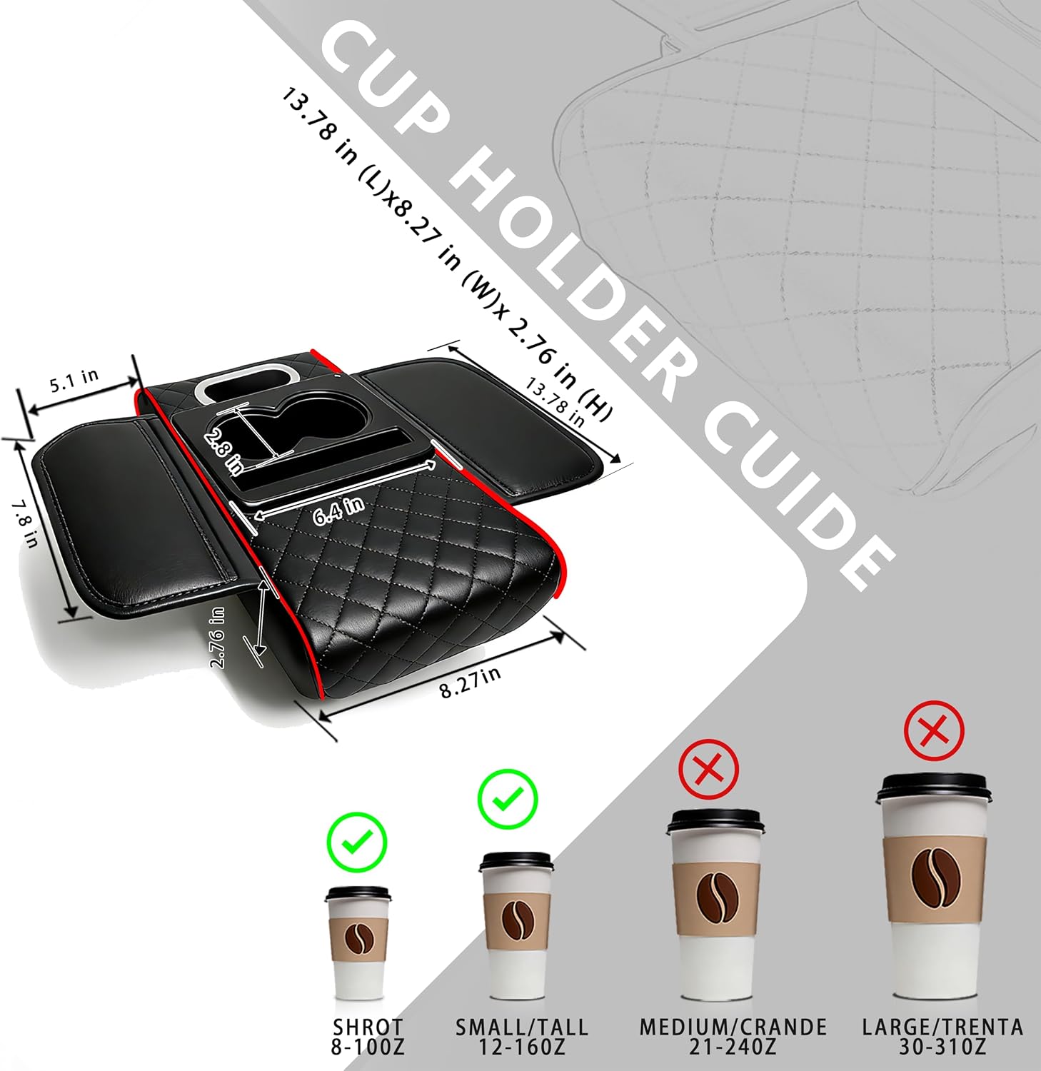 Car Armrest Cushion, Car Center Console Cover, Leather Armrest Cover for Car, Universal Middle Console Cushion with Storage Box, Cup Holder, Phone Slot, Waterproof Interior Accessories (black-red)