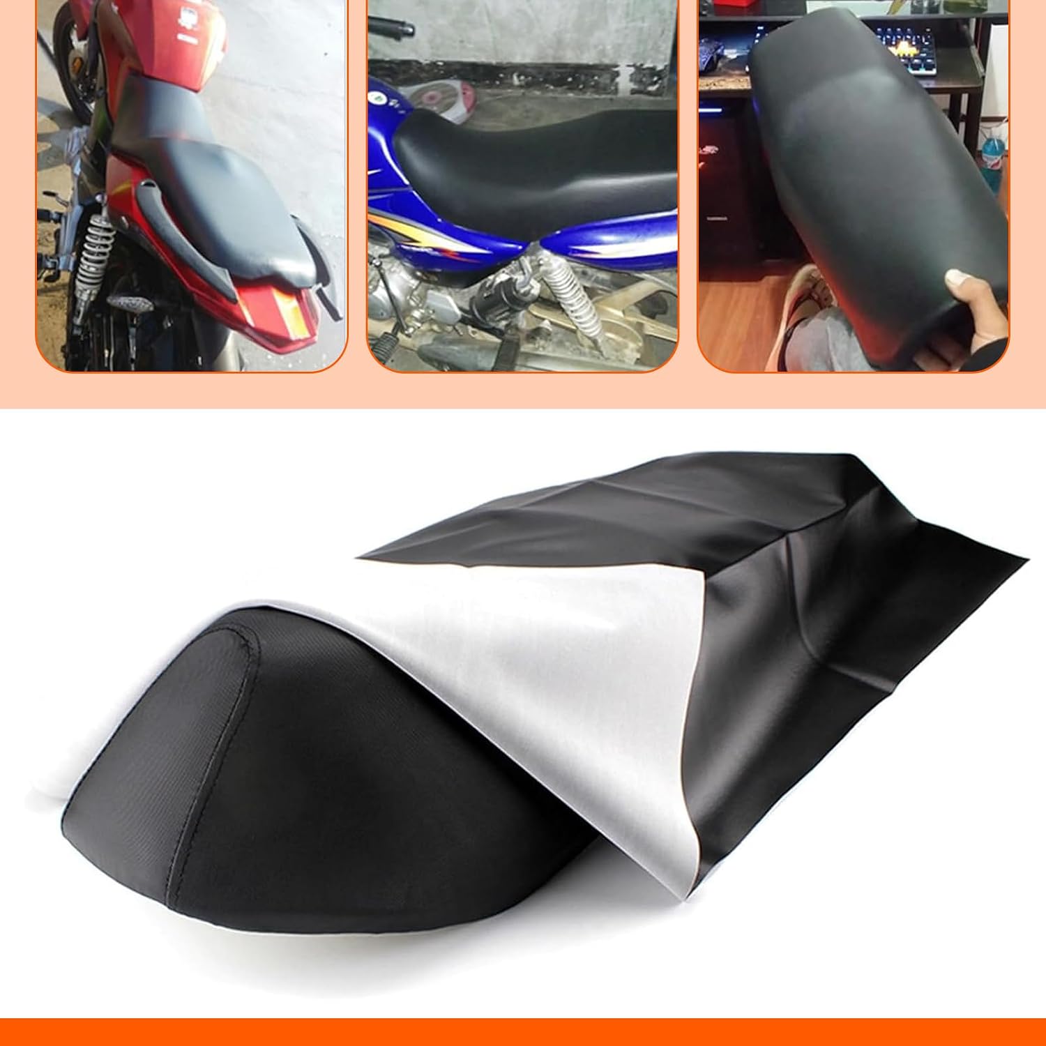 Motorcycle Seat Cover, Elastic Leather Seat Protector, Waterproof DIY Motorbike Cushion Pad Cover, Universal for Motorcycle Scooter (Black)