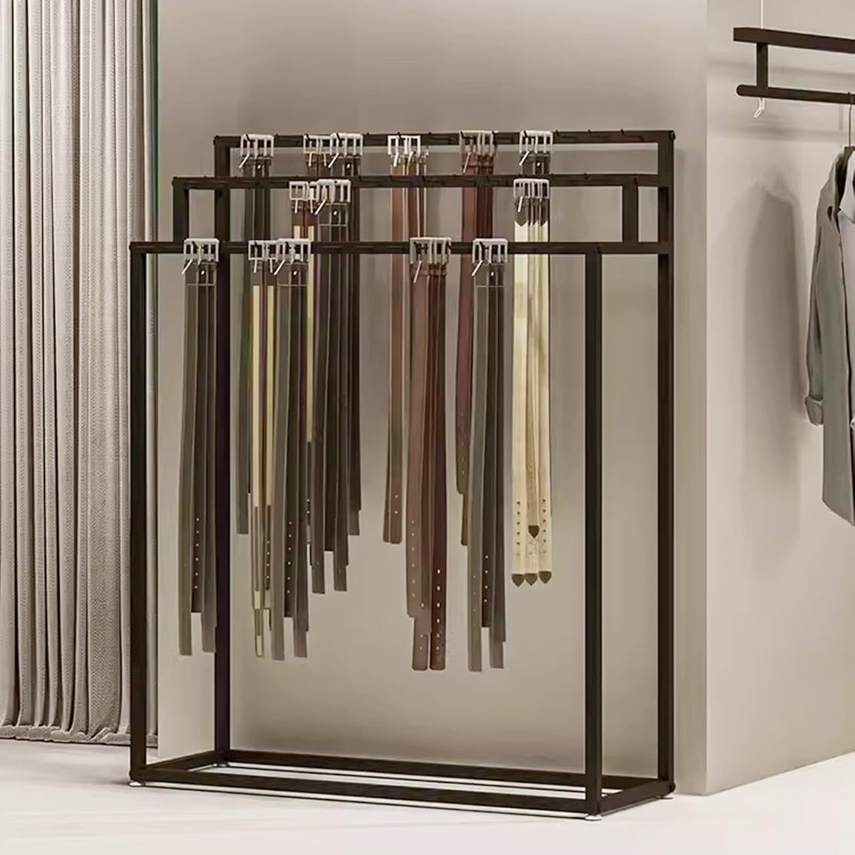 floor mounted metal belt hanger scarf rack for shown in use