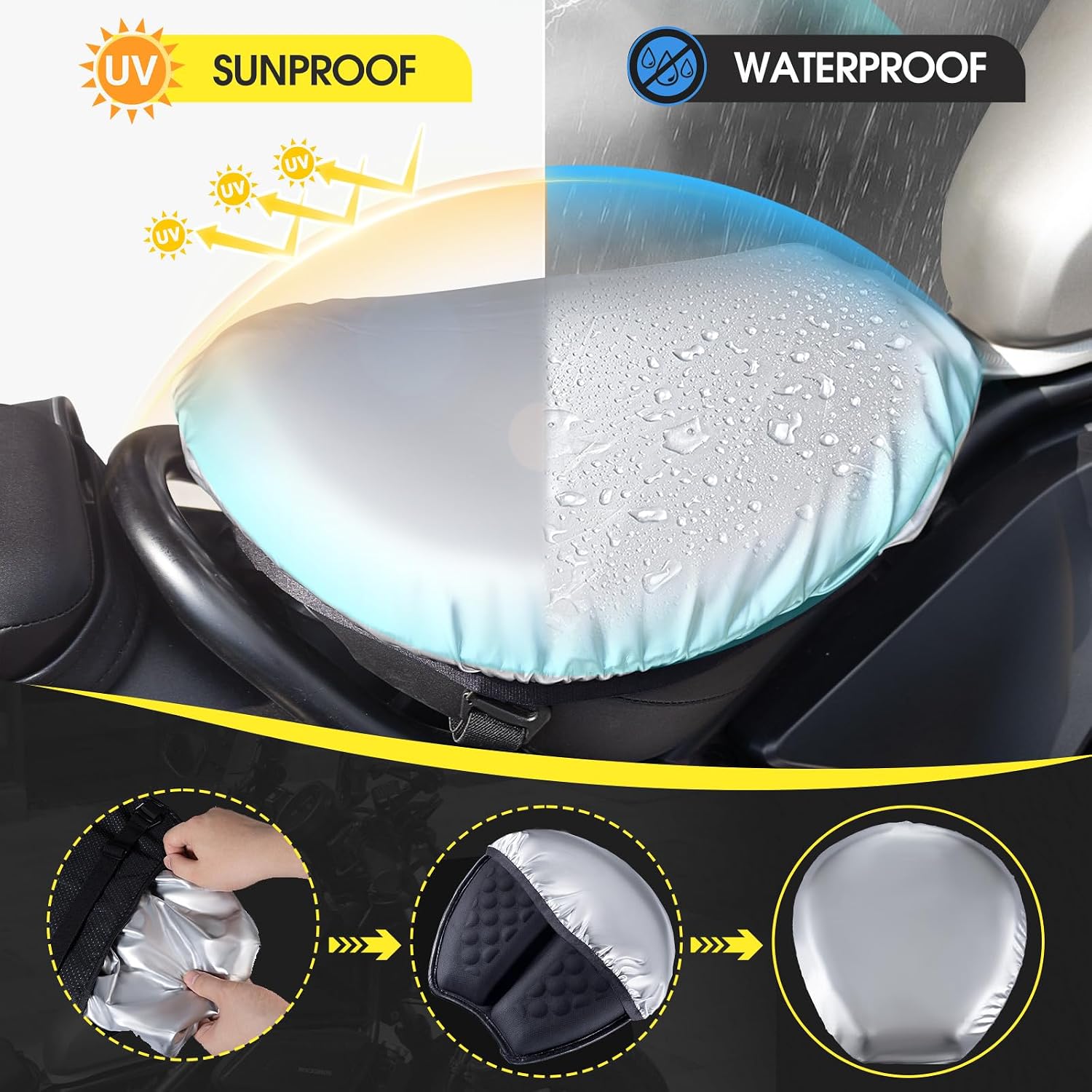 Foldable Motorcycle Gel Seat Cushion with Sunshade Cover – 3D Dome-Shaped Shock Absorption Seat Pad, Comfort & Butt Protection for Long Rides, Stay Cool & Comfortable
