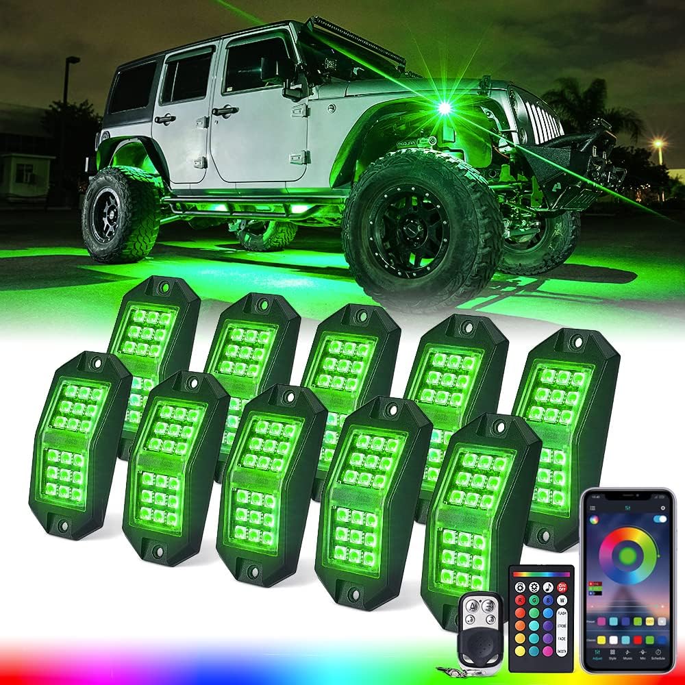 Xprite Jeep Rock Lights 10 Pods Wide Angle Bluetooth RGB LED Rocklights Kit