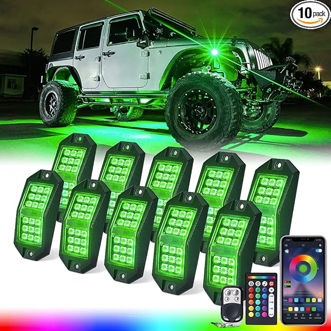 Xprite Jeep Rock Lights 10 Pods Wide Angle Bluetooth RGB LED Rocklights Kit by XPRITE