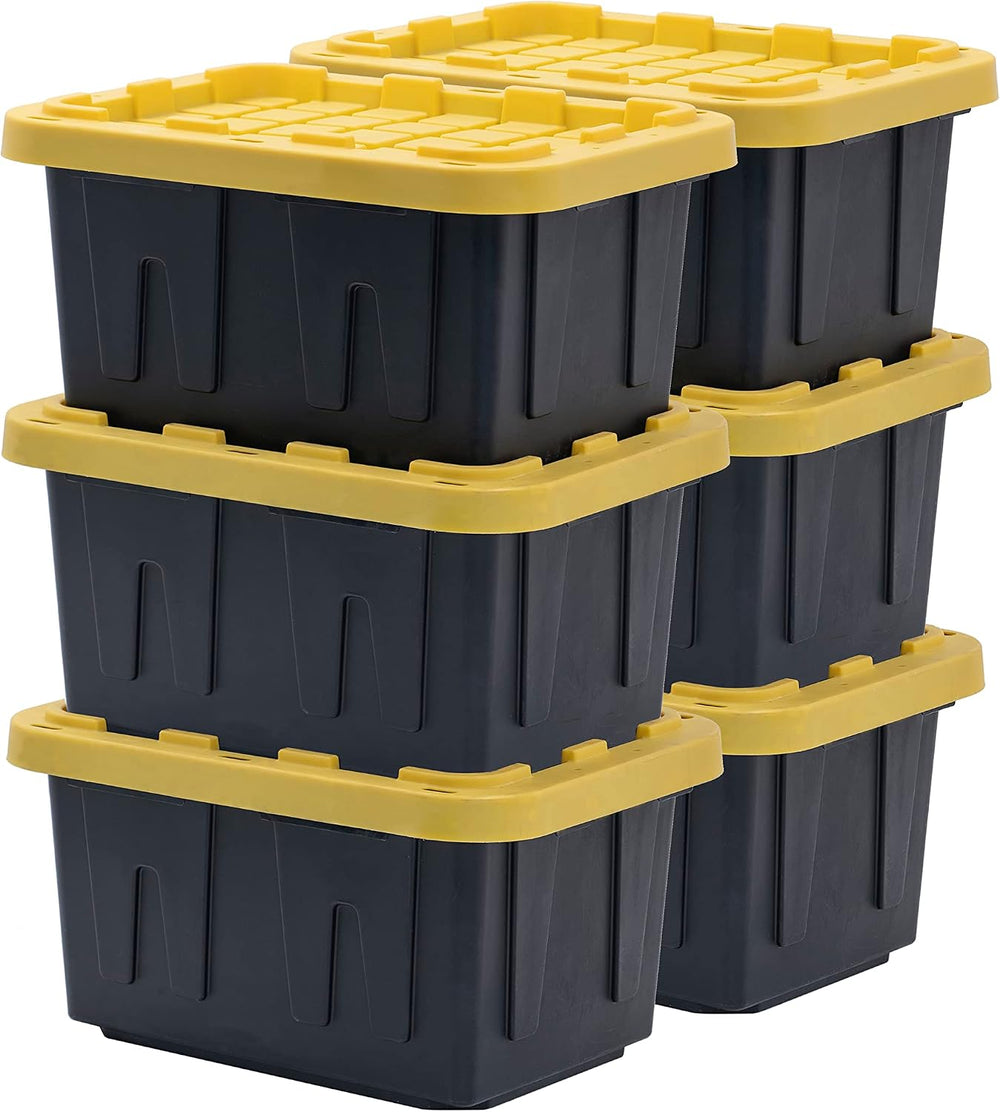 BLACK & YELLOW 5-Gallon Stackable Plastic Storage Bins with Lids, 6 Pack