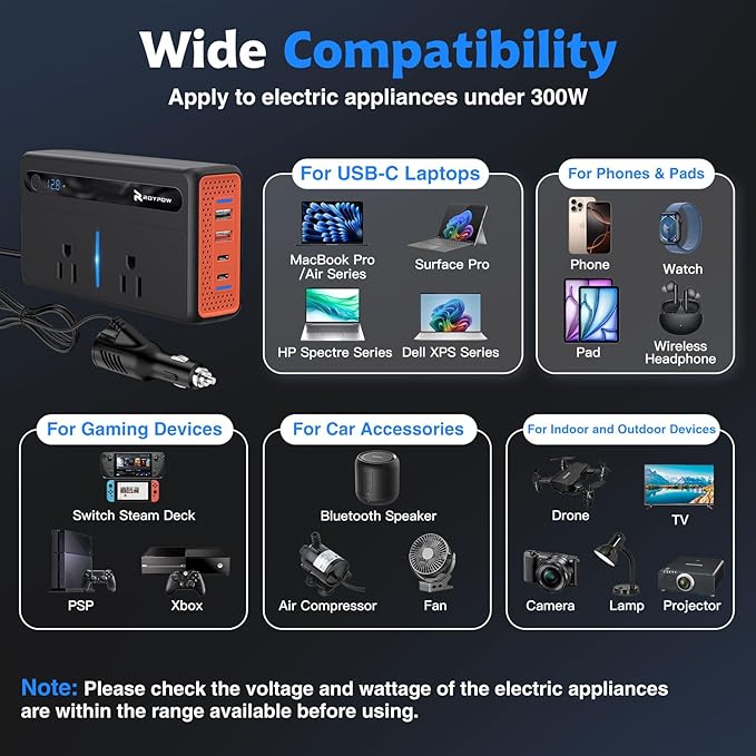 RoyPow 300W Car Power Inverter, DC 12V to 110V AC Power Inverter - Image 7