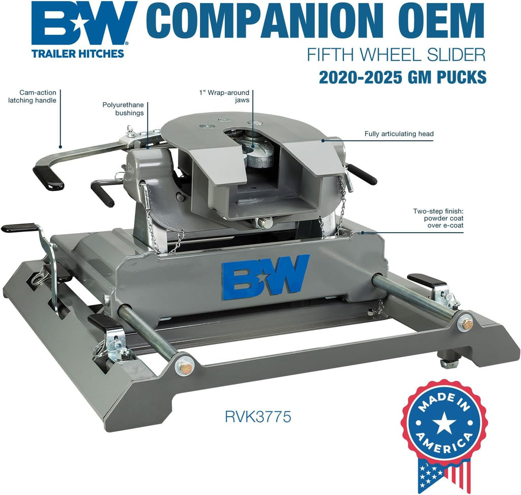 B&W Trailer Hitches Companion OEM Slider Fifth Wheel Hitch - Compatible with 2020-2026 Chevrolet/GM OEM Puck System - RVK3775