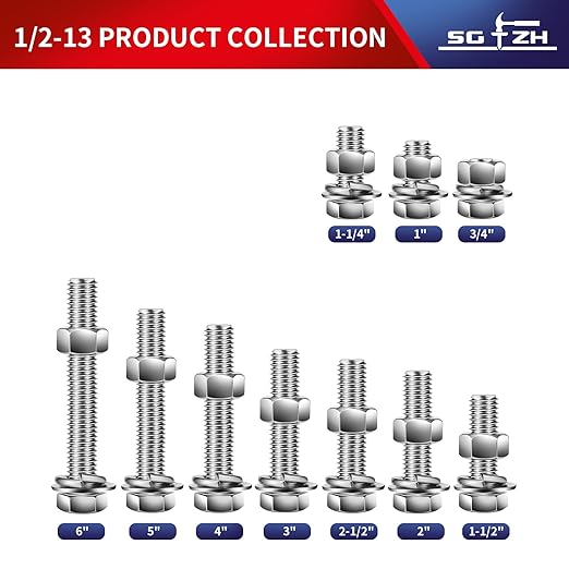 1/2-13 x 5" Hex Head Screw Bolt, Flat & Lock Washers, Fully Threaded, by SG TZH - Image 3